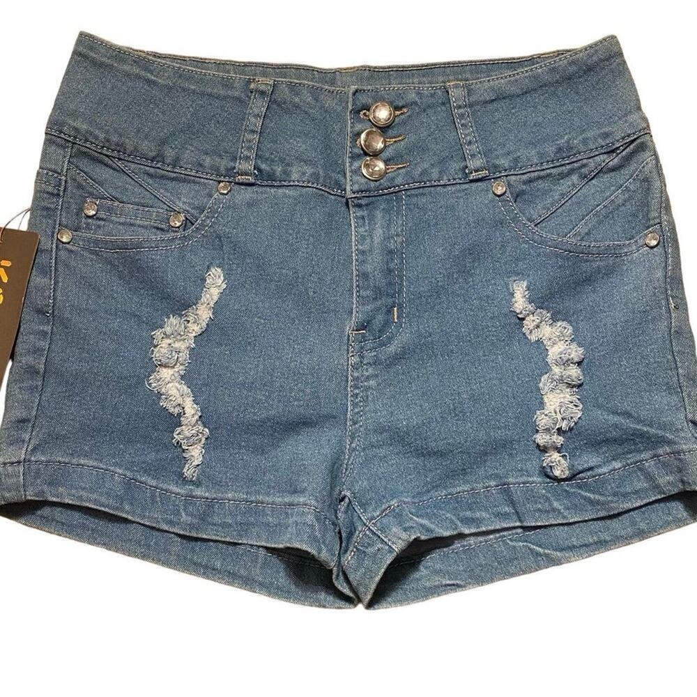 KABA Women’s Distressed, Denim Shorts, Size 7, Medium Blue, Gem Buttons/Zip